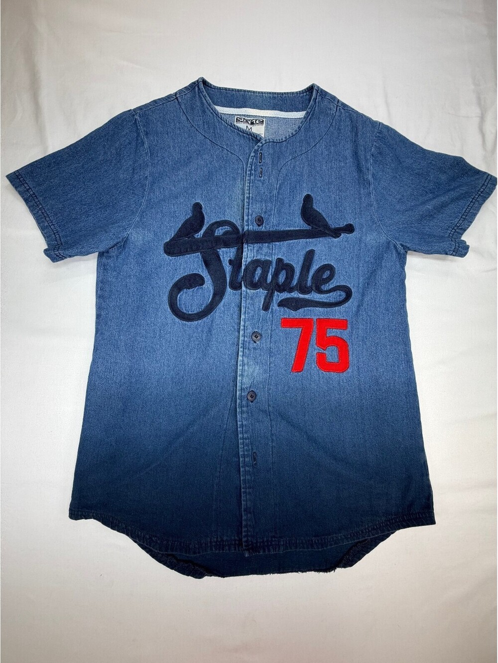 Staple Women's Denim Baseball Shirt Button Front Embroidered 75 Size Medium Blue